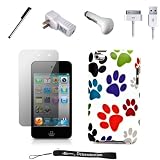 Color Dog Paws Design Cover / 2 Piece Snap On Case for New Apple iPod Touch 4 ( 4th Generation 8GB 16GB 32GB ) + Includes a USB Travel Car Charger, a USB Home Charger and a USB Data Sync Cable + Includes Anti Glare Screen Protector Guard and a Graphic Designer Stylus Pen to Navigate Device
