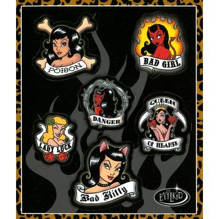 Cover image : Evilkid Rockabilly Hotrod Pin-up Stickers Set～ Bad Kitty, Bad Girl, Poison, Lady Luck & More！