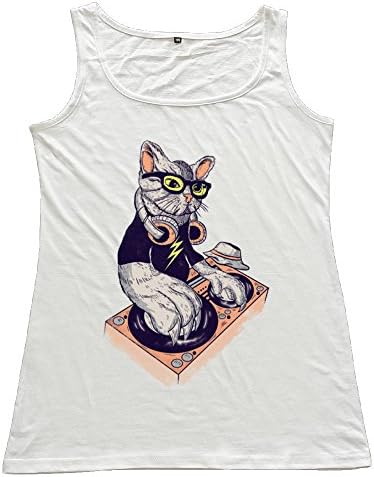 White Retro Colleges Juniors Woman's Dj Cat Black Vest Men