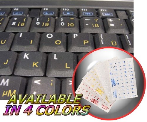GERMAN KEYBOARD STICKERS WITH YELLOW LETTERING ON TRANSPARENT BACKGROUND