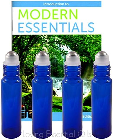 Loving Essential Oils Blue Roller Bottle Set with Stainless Steel Metal Balls for Aromatherapy. Set Includes 4 Glass Roll on Bottles, Modern Essentials Mini Guide, 4 Pipettes, and Funnel.