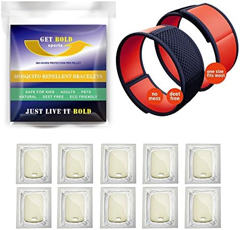 Natural Mosquito Repellent Bracelet -2 Pack/10 Refills -Patented Formula -Waterproof &amp; Adjustable- 360 HR ZIKA Virus Protection/Pellet -Safe for Kids,Adults,Pets-Top NO DEET Bug Repellent Bracelet Red