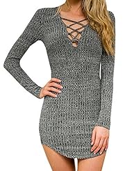 Sexy V-neck Lace-Up Sweater Long Sleeves Winter Cotton Mini Dress 