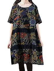 Round Neck Short Sleeves Linen/Polyester Short Floral Print Peasant Dress 