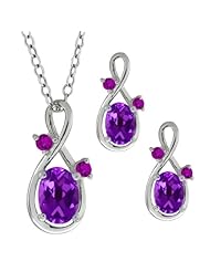 1.73 Ct Oval Purple Amethyst Gemstone 18k White Gold Pendant Earrings Set