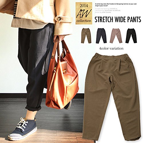 レディース クロップドパンツ カプリパンツ ワイドパンツ リラックスパンツ ボトムス パンツ ストレッチ ウエストゴム 無地 (M Lサイズ / 4カラー)
