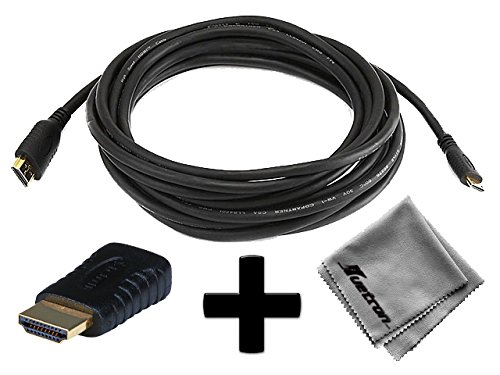 Canon EOS Rebel T2i Compatible 15ft HDMIÂ® to HDMIÂ® Mini Connector Cable Cord PLUS HDMIÂ® Male to HDMIÂ® Mini Female Adapter with Huetron Microfiber Cleaning Cloth