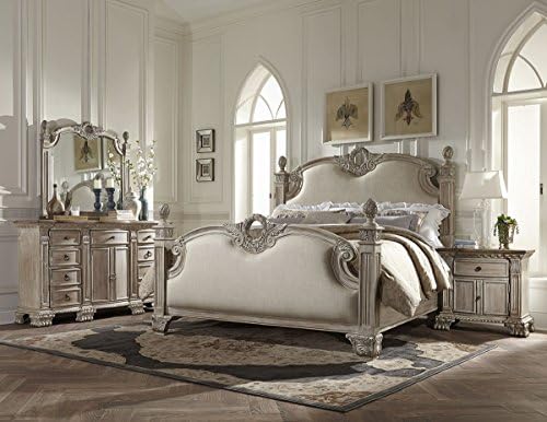 White Washed Upholstered 4 Piece Bedroom Set - Bed, Nightstand, Dresser &amp; Mirror (E King 4 PC Set)