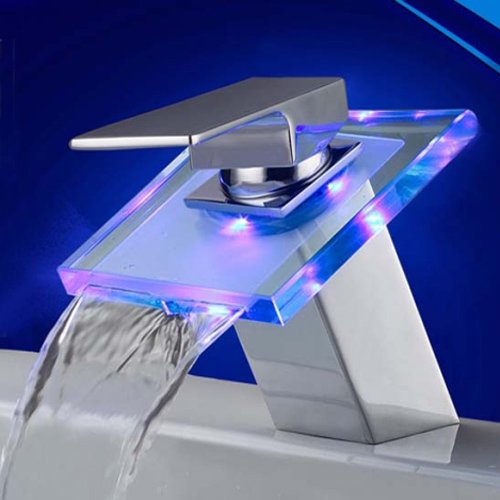Contemporary Single Handle Waterfall Centerset LED Bath Sink Faucet , Chrome
