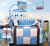 SoHo Blue Satin & Micro Suede Crib Nursery Bedding Set 13 pcs included Diaper Bag with Changing Pad & Bottle Case