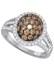 1.50 Carat (ctw) 10K White Gold Round Cut White & Cognac Diamond Ladies Split Shank Cluster Flower Right Hand Ring 1 1/2 CT