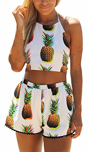 Handu Women's Summer Sleeveless Pineapple Printing Backless 2 piece Shorts Jumpsuits