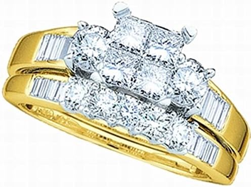 10K Yellow Gold .53ct Diamond Ladies Bridal Wedding Ring set. Center Setting is 4 Invisible Set Princess Cut stones matching Wedding Band Size - 7