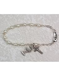 Religious & Catholic First Holy Communion Childrens Girls Rosary Bracelet 6 1/2" 3mm Glass Pearl Beads with Sterling Silver Cross & Chalice Charms.