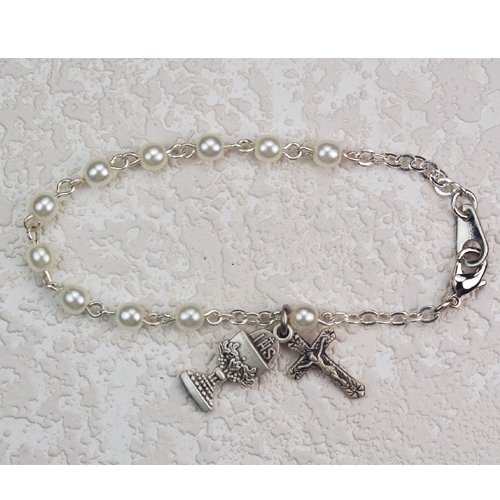 Sterling Silver Pearl Communion Bracelet Religious Catholic Charms Pendant Jewelry