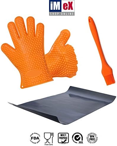 iMeX Shop Online Pot Holders &amp; Five Finger Barbecue Gloves Basting Brush and Grill Mat Best BBQ Accessories Perfect Barbecue Tools and Ideal Barbecue Gift Set Easy to Clean &amp; Dishwasher Safe