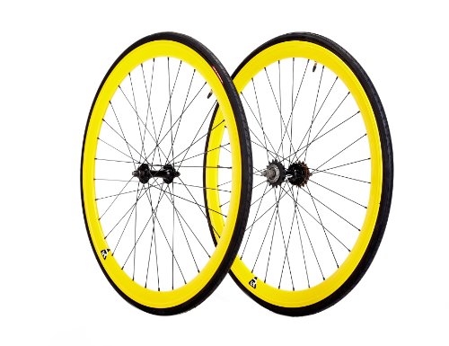 Retrospec yellow Super Deep-V Fixie Wheelset With 700C CST Tires Flip-Flop Hub 41mm