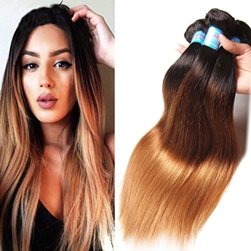 Jolia Hair 3 Bundles Same Length Ombre Brazilian Hair 3 Bundles Silky Soft Brazilian Straight Human Hair Weaving Extensions #1b/4/27 Pack of 3(16 16 16)