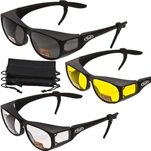 3 PAIRS- Escort Advanced System Safety Glasses Fits Over Most Prescription Eyewear - FREE Rubber EAR LOCKS and Microfiber Pouch! -MATTE Black Frame