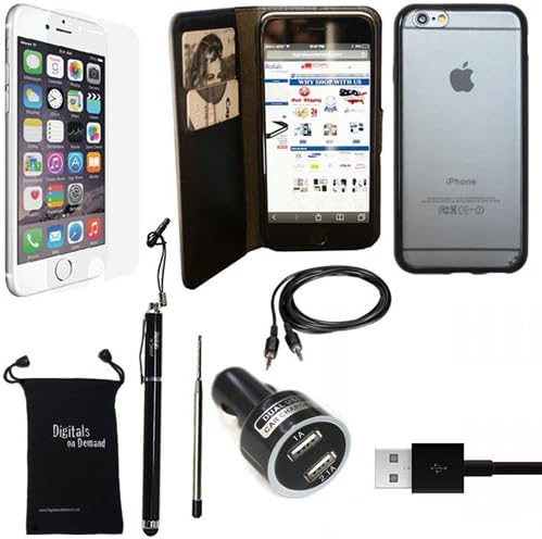 iPhone 6 / 6S Case, DigitalsOnDemand ® 8-Item Bundle for Apple iPhone 6/6S 4.7" - Leather Case, TPU Cover, Screen Protector, Touch Stylus Pen, USB Cable, Car Charger Adapter, AUX Cable, Pouch Bag