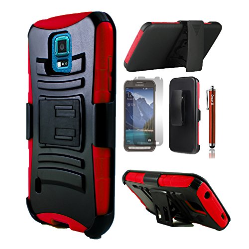Cover-U® Samsung Galaxy S5 Sport / G860P From Sprint Extreme Rugged Dual Layer Kickstand Combo Case with Belt clip Holster Red/Black Included [Free Premium Screen Guard + Free Cover U (TM) Stylus Pen + Anti-Dust Plug]