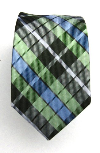 100% Silk Woven Green Plaid Skinny Tie