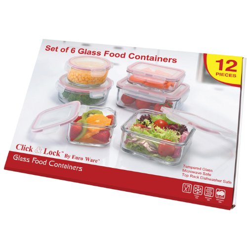 Euro-Ware GP470 12pc Glass Containers with Plastic Click and Lock Lids