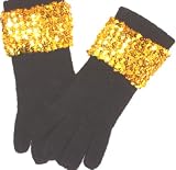 Imported One Size Black Angora Gloves Reinforced By Nylon Fibers Hand Trimmed with Gold Sequin Ribbon