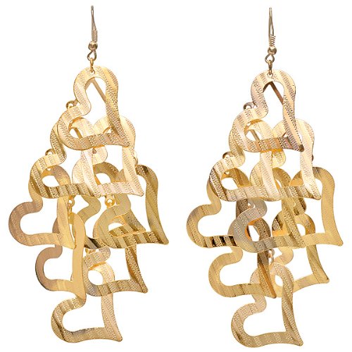 Unique Dangling Chandelier Bling Bling Earrings in 18k gold Plated Metal Heart Shaped overlapping Textured Petals (Length 4.5 inches, 2 Inches wide, Fishhook)