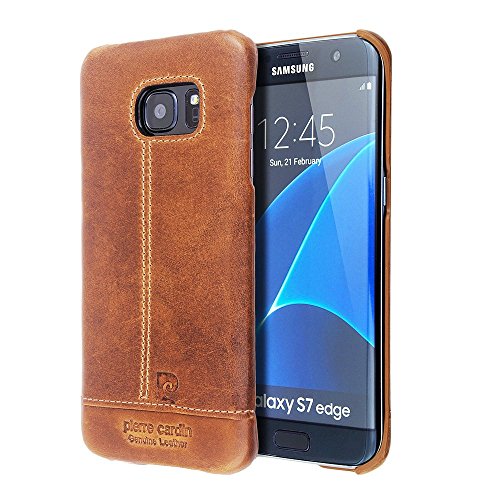 Samsung Galaxy S7 Edge Case,Pierre Cardin Premium Genuine Leather Lightweight Slim Snap On Hard Back Cover For Samsung Galaxy S7 Edge Brown