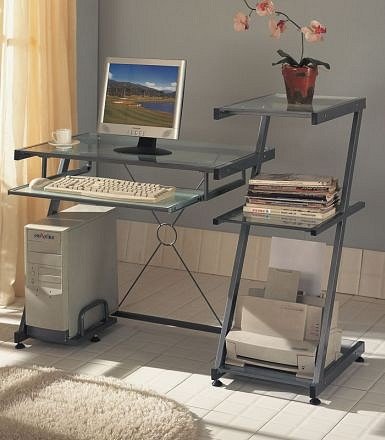 Kitchen: Contemporary Grey Metal Computer Desk w/Book Shelf & keyboard Tray