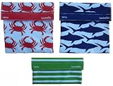 LunchSkins Reusable Sandwich and Snack Bags Set - 3 Pack - Orange Crab, Navy Shark, Green Stripes