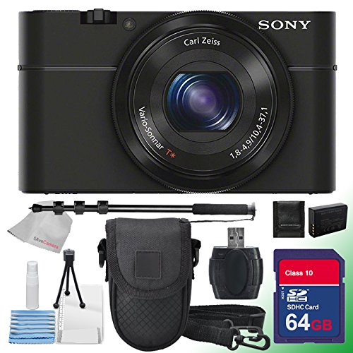 Sony Rx100 Digital Camera with Monopod, Extra Replacement Battery 64gb Sd Memory Card, Camera Case, Sd Reader, Memory Card Wallet and Cleaning Cloth