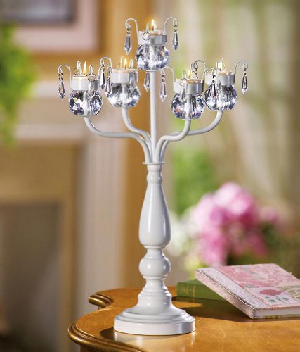 White Candelabrum Tealight Holder W/ Crystal Beads by Winston Brands