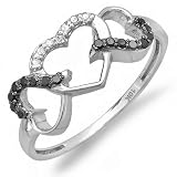 10k White Gold Round Black and White Diamond Ladies Promise Three Heart Infinity Love Engagement Ring (0.15 cttw, I-J Color, I2-I3 Clarity)