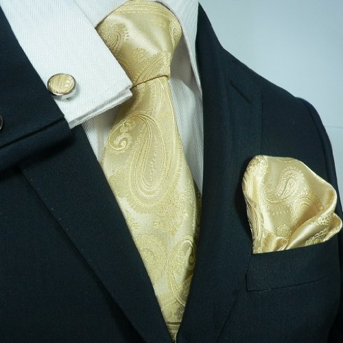Landisun 96H Light Yellow Paisleys Mens Silk Tie Set: Tie+Hanky+Cufflinks