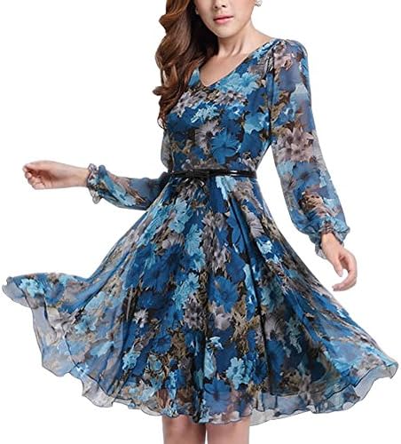 chuuhh Women's Summer Flowers Print Long Sleeves Chiffon Dresses,Blue,XXL