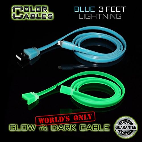 Color Cables: Apple Lightning Charge and Sync Data Cable (BLUE - 3FT) Glow in the Dark - 1M Long - Extra Tough - No Tangle - High-Speed - Premium Lightning to USB A Cable (LIFETIME WARRANTY)