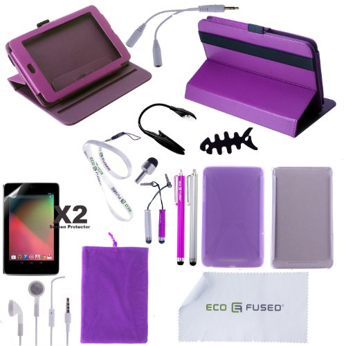 Nexus 7 Accessory Combo / (Purple) 360 Degree Rotating Leather Case / (Purple) TPU Case / (Clear) Hard Case / 5 (SilvervAND Purple) Stylus Pens / Earphones /Screen Protectors / LED Reading Light - ECO-FUSED Microfiber Cleaning Cloth and Lanyard Included