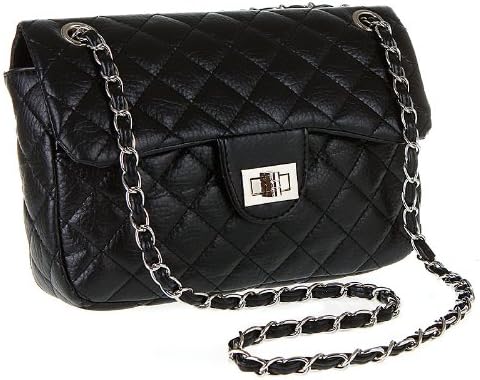 Classic Design Purse Quilt Bag Faux Leather Small With 2 Handle or 1 Handle Chain - Black Purse