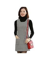 Wool Houndstooth Print Plaid Print Round Neck Sleeveless Tank Vintage Spring Winter  Dress