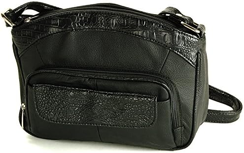 Women's Genuine Leather Faux Ostrich Trim Organizer Handbag Purse Black
