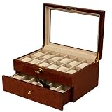 Watch Box Storage Display by Tech Swiss for 20 Watches Burlwood Finish See Thru Top Lock & Key