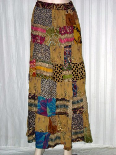 Skirts for Girls – Earthy Brown Block Print Patchwork Long Gypsy Bohemian Tiered Skirt Free Shipping