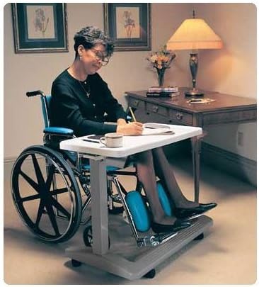 Wheelchair Desk Convenient flat surface makes it easy for people to eat, write, or do projects while in bed or a chair. Table height adjusts 28¼"-42¼". Can be used right- or left-handed. C-shaped base allows easy access. Tabletop is 16"W x 33"L (40.6 x 83.8cm) and can hold up to 50 lbs. (22.7kg). Latex free. Made in USA