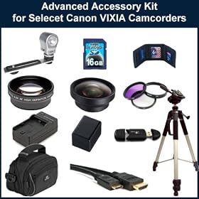 Advanced Accessory Package for Canon VIXIA HFR300/HFR32/HFR30/HFM50/ HFM500/HFM52 Camcorders. Package Includes: Replacement BP-727 Battery Pack, Rapid Travel Charger, 0.45X Wide Angle Lens, 2X Telephoto Lens, 3 Piece Filter Kit(UV-CPL-FLD), Video Light, 16GB Memory Card, Memory Card Reader, Memory C