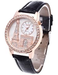 Womens Quartz Wristwatch Black Leather Band Rhinestone White Dial Eiffel Towel