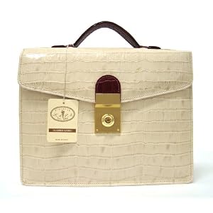 L.A.P.A. Italian Designer Mens Ladies Compact Briefcase with Shoulder Strap in Cream Croc Embossed...