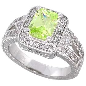 Sterling Silver Vintage Style Engagement Ring, w/ an 8 x 6 mm (1.5 ct) Emerald Cut Light Peridot-colored CZ Stone, 1/2" (12mm) wide: Jewelry
