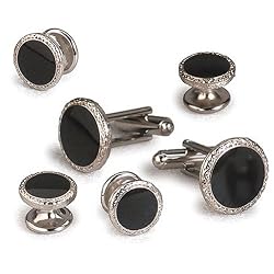 Giorgio Bissoni Round Jet Black Stone with Silver Nugget Edge Cufflink and Stud set